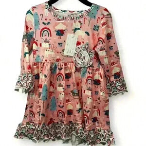 NWT- Pete + Lucy Girls Pink Christmas Ruffle Dress Size 3T Long Sleeve